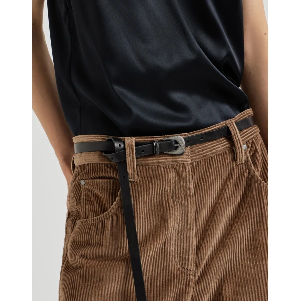 Brunello Cucinelli Vintage-effect leather belt with monili in Black, view 3 | Belts | Coveti