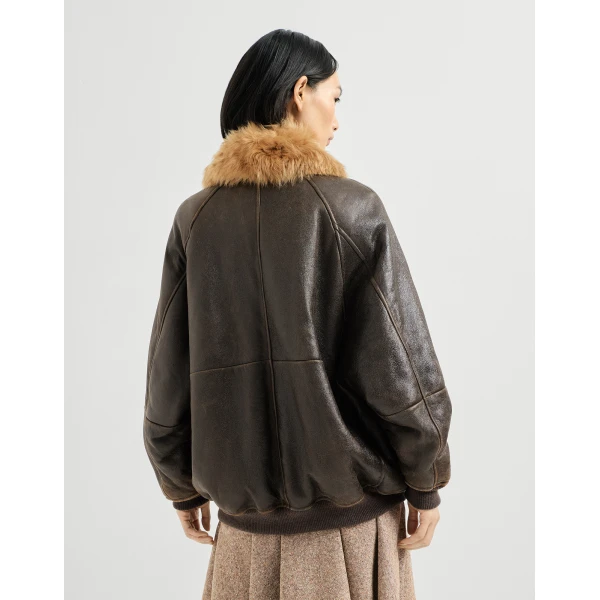 Vintage-effect shearling bomber jacket in Hazelnut - Image 3