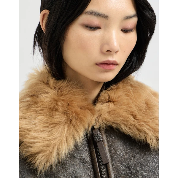 Vintage-effect shearling bomber jacket in Hazelnut - Image 4