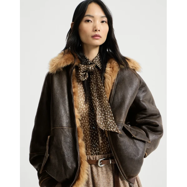 Vintage-effect shearling bomber jacket in Hazelnut - Image 5