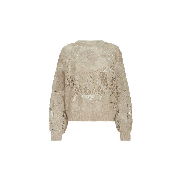 Brunello Cucinelli Whispering bloom embroidery sweater in Sand