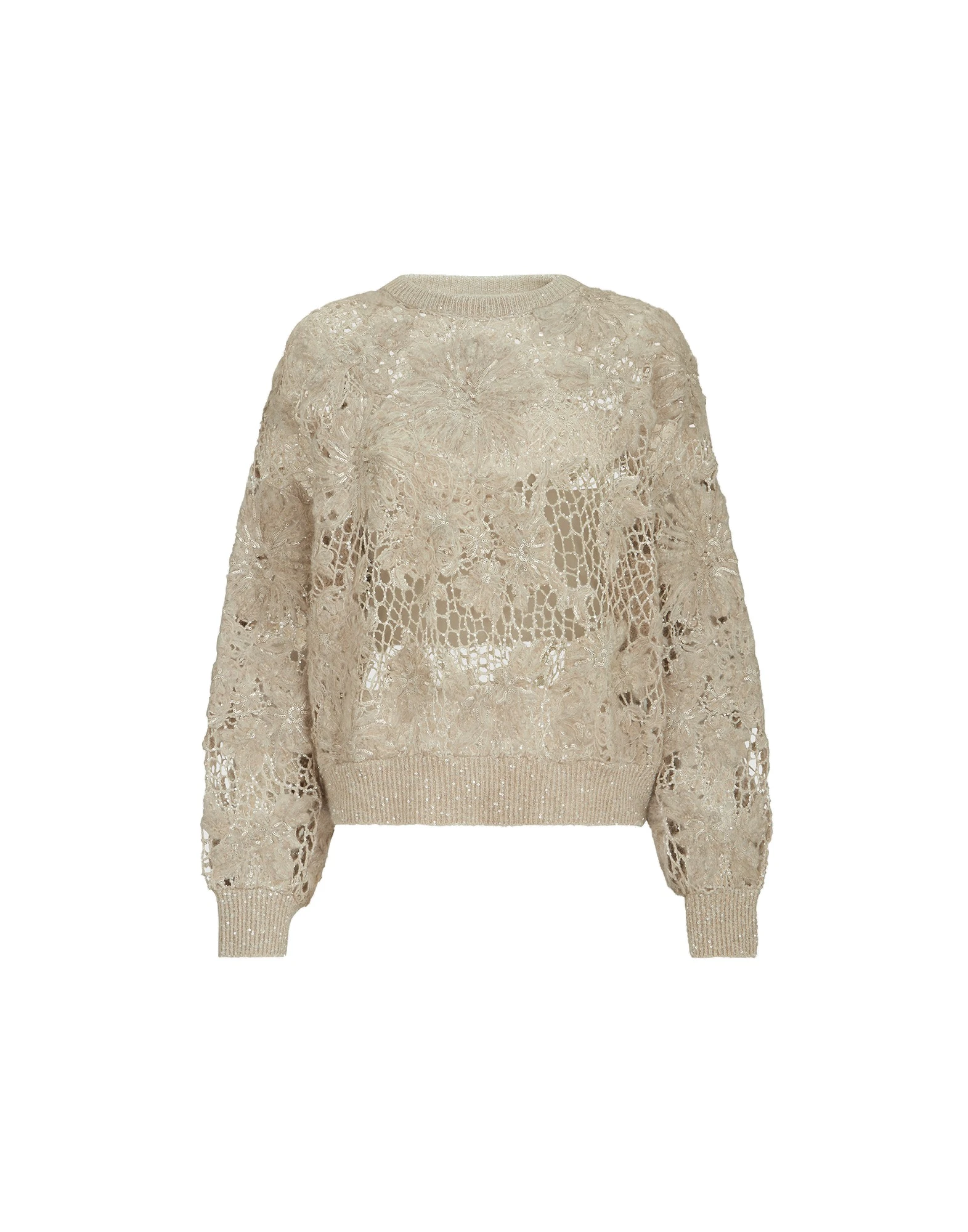 Brunello Cucinelli Whispering bloom embroidery sweater in Sand | Buy Knitwear at Coveti Brunello Cucinelli Whispering bloom embroidery sweater in Sand