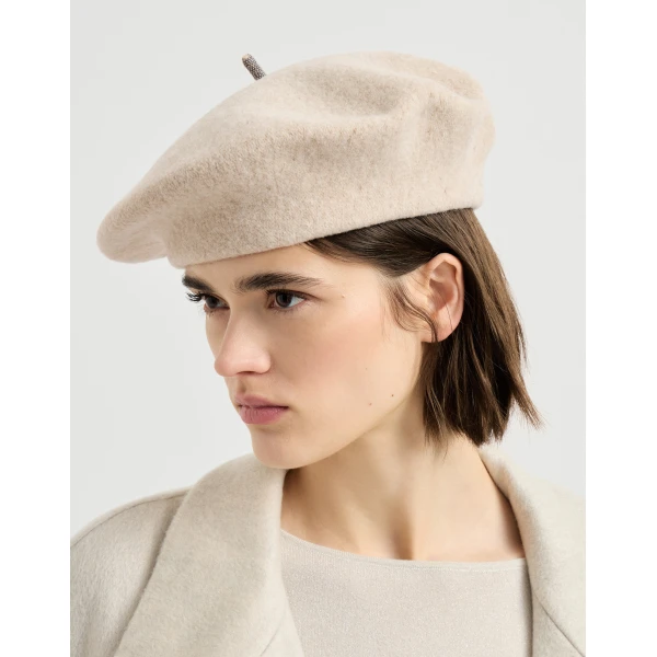 Brunello Cucinelli Wool beret in Pearl, view 2 | Hats | Coveti