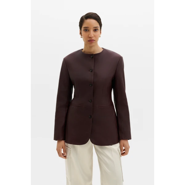 By Malina Carol Leather Blazer in Burgundy | Leather Jackets | Coveti