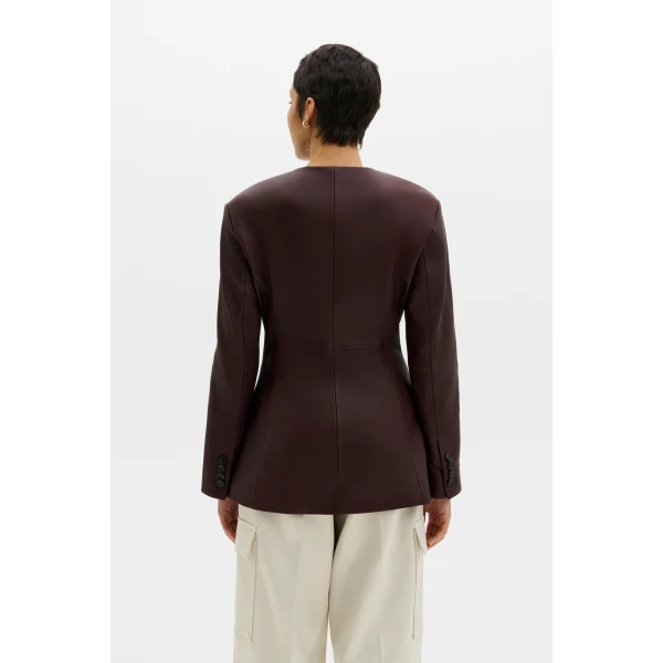 By Malina Carol Leather Blazer in Burgundy | Leather Jackets | Coveti