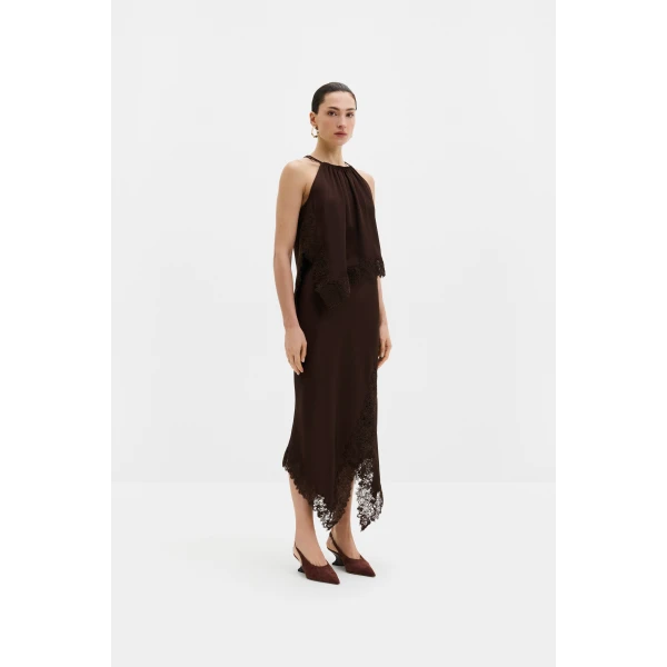By Malina Heylin Midi Skirt in Dark Brown | Midi Skirts | Coveti