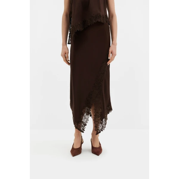 By Malina Heylin Midi Skirt in Dark Brown | Midi Skirts | Coveti