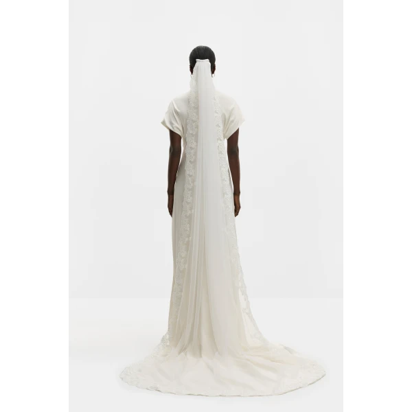 By Malina Lace Trimmed Chapel-length Veil in Ivory | Hair Accessories | Coveti