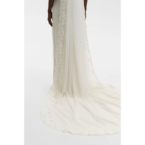 By Malina Lace Trimmed Chapel-length Veil in Ivory | Hair Accessories | Coveti