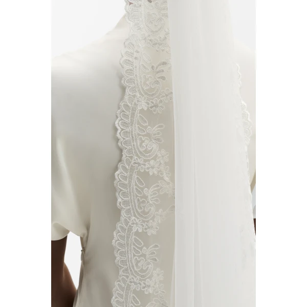 By Malina Lace Trimmed Chapel-length Veil in Ivory | Hair Accessories | Coveti