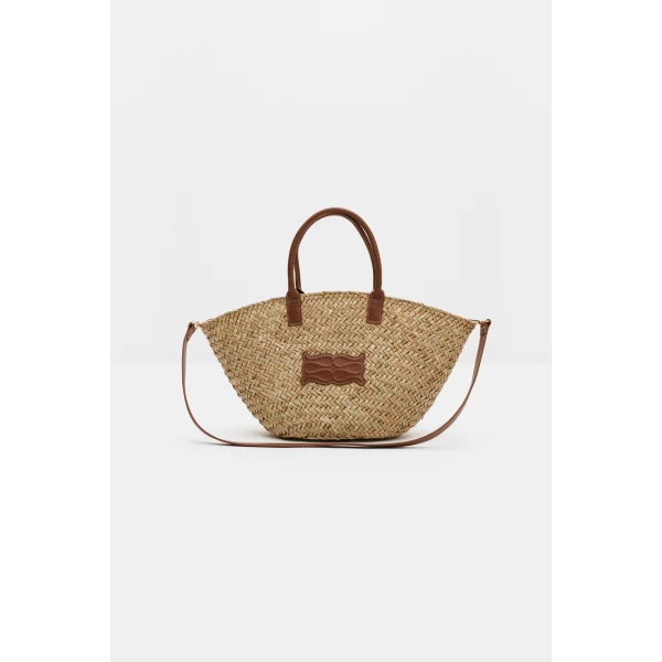 By Malina Large Monogram Straw Bag in Cognac | Totes & Top-Handle Bags | Coveti