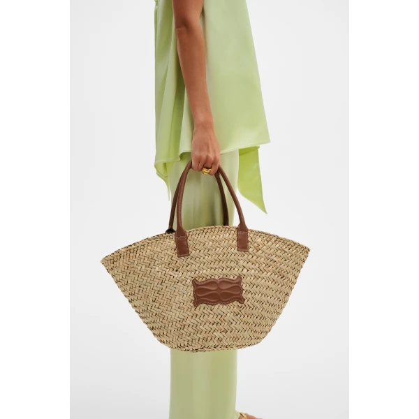 By Malina Large Monogram Straw Bag in Cognac | Totes & Top-Handle Bags | Coveti