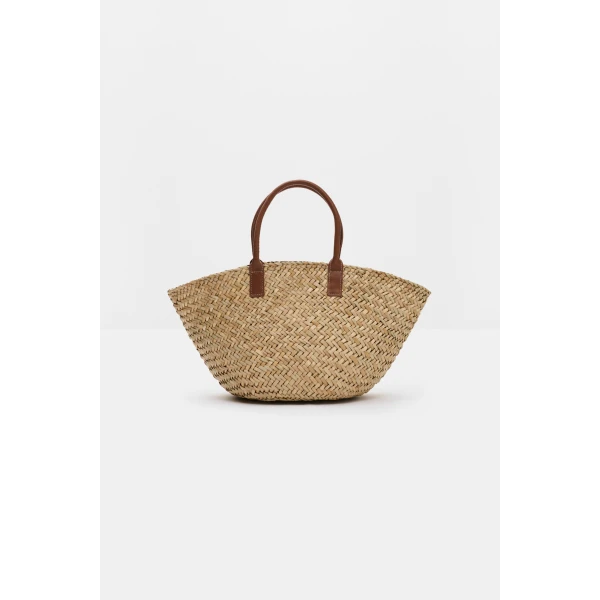 By Malina Large Monogram Straw Bag in Cognac | Totes & Top-Handle Bags | Coveti