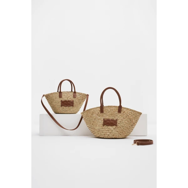 By Malina Large Monogram Straw Bag in Cognac | Totes & Top-Handle Bags | Coveti