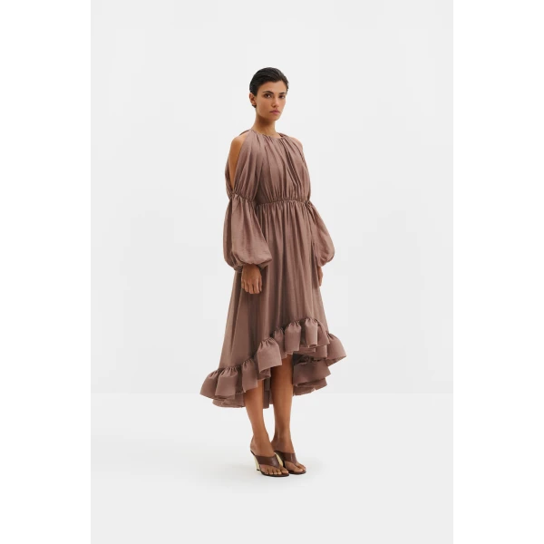 By Malina Leontine Midi Dress in Taupe | Midi Dresses | Coveti