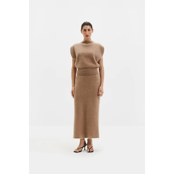 By Malina Leya Midi Skirt in Dark Beige | Midi Skirts | Coveti