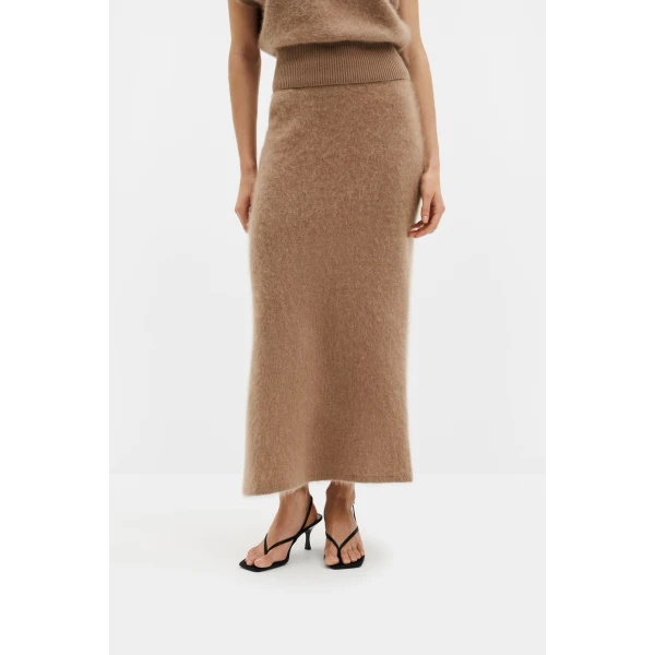 By Malina Leya Midi Skirt in Dark Beige | Midi Skirts | Coveti