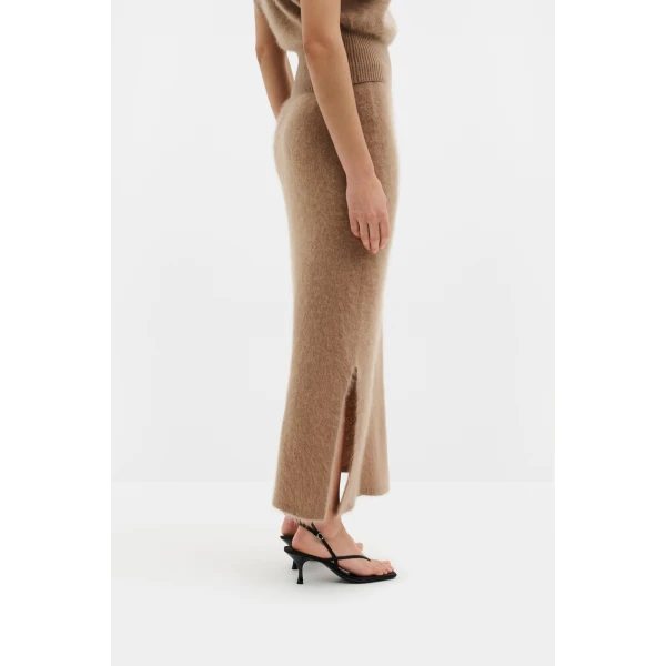 By Malina Leya Midi Skirt in Dark Beige | Midi Skirts | Coveti