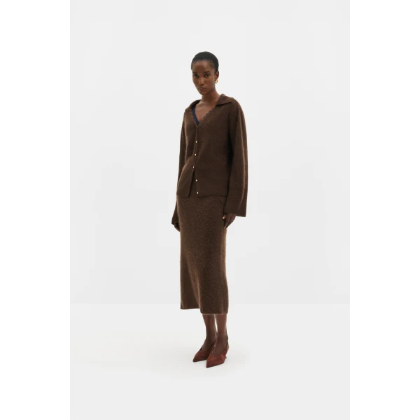 By Malina Leya Midi Skirt in Dark Brown | Midi Skirts | Coveti