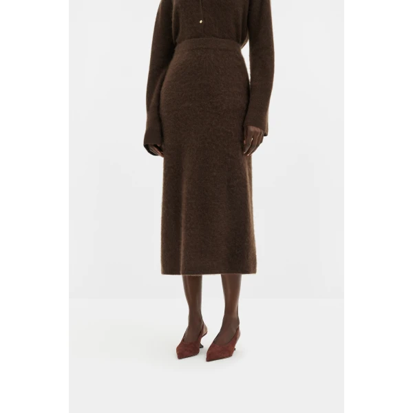 By Malina Leya Midi Skirt in Dark Brown | Midi Skirts | Coveti