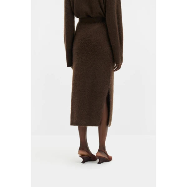 By Malina Leya Midi Skirt in Dark Brown | Midi Skirts | Coveti
