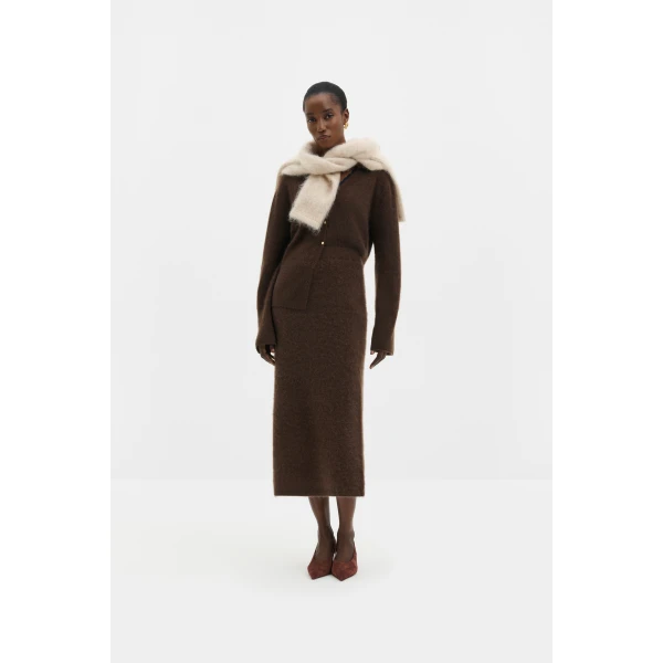 By Malina Leya Midi Skirt in Dark Brown | Midi Skirts | Coveti