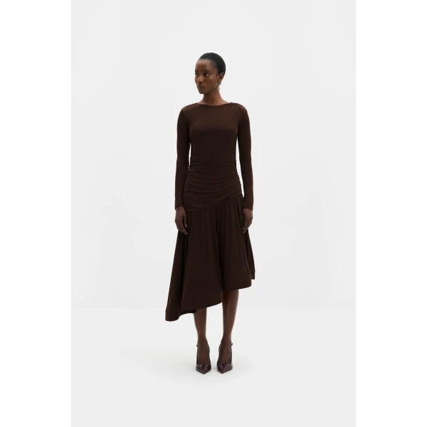 By Malina Lionelle Midi Dress in Dark Brown | Midi Dresses | Coveti