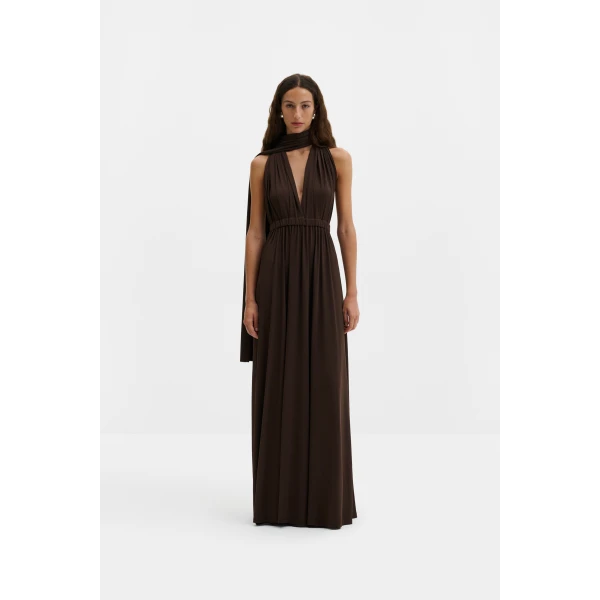 By Malina Lola Maxi Dress in Dark Brown | Maxi Dresses | Coveti