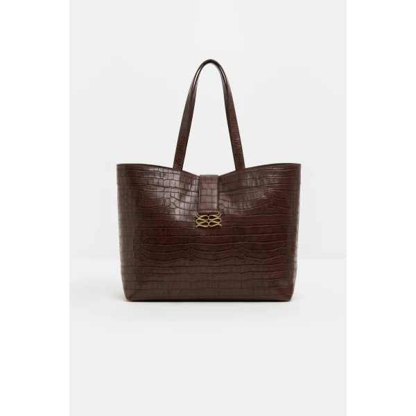 By Malina Monogram Grand Leather Tote in Dark Brown Croco | Totes & Top-Handle Bags | Coveti