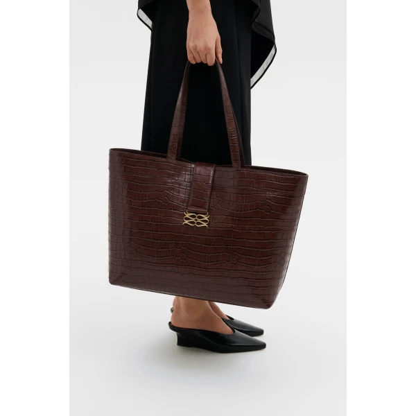 By Malina Monogram Grand Leather Tote in Dark Brown Croco | Totes & Top-Handle Bags | Coveti