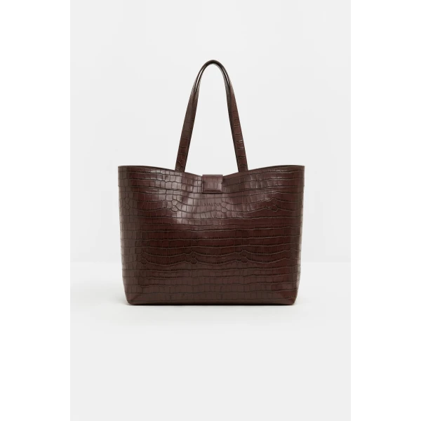 By Malina Monogram Grand Leather Tote in Dark Brown Croco | Totes & Top-Handle Bags | Coveti