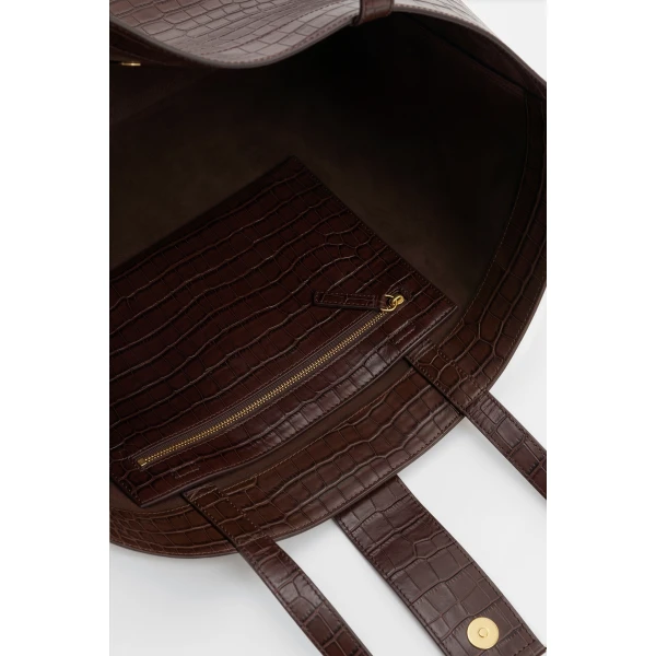 By Malina Monogram Grand Leather Tote in Dark Brown Croco | Totes & Top-Handle Bags | Coveti