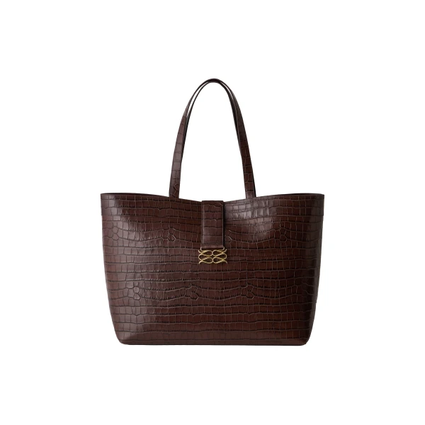 By Malina Monogram Grand Leather Tote in Dark Brown Croco | Totes & Top-Handle Bags | Coveti