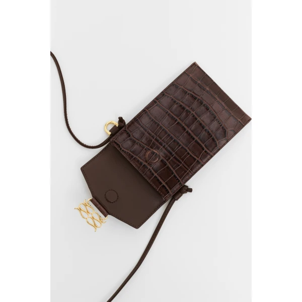 By Malina Monogram Leather Phone Pouch in Dark Brown Croco | Phone Cases | Coveti
