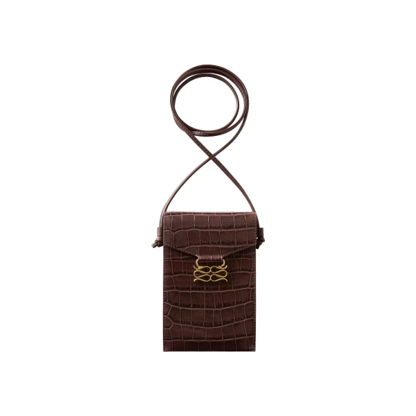 By Malina Monogram Leather Phone Pouch in Dark Brown Croco | Phone Cases | Coveti
