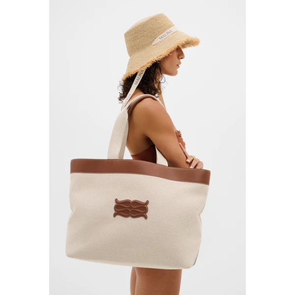 By Malina Monogram Tote Bag in Light Taupe | Totes & Top-Handle Bags | Coveti