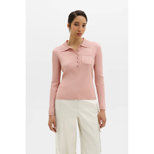 By Malina Nanna Sheer Ribbed Knitted Polo Shirt in Soft Pink | Shirts | Coveti