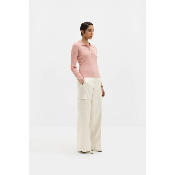 By Malina Nanna Sheer Ribbed Knitted Polo Shirt in Soft Pink | Shirts | Coveti