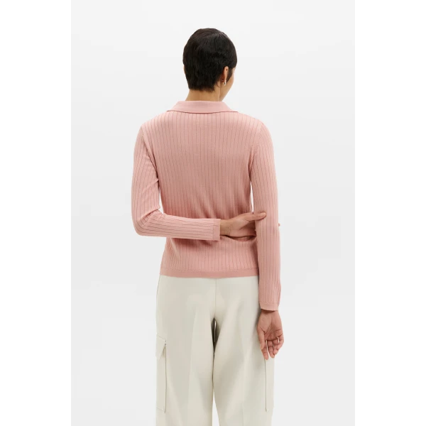 By Malina Nanna Sheer Ribbed Knitted Polo Shirt in Soft Pink | Shirts | Coveti