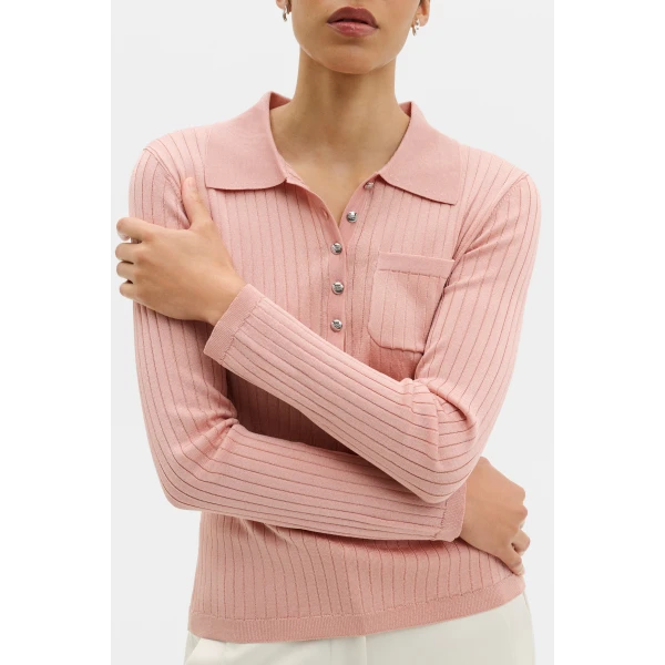 By Malina Nanna Sheer Ribbed Knitted Polo Shirt in Soft Pink | Shirts | Coveti
