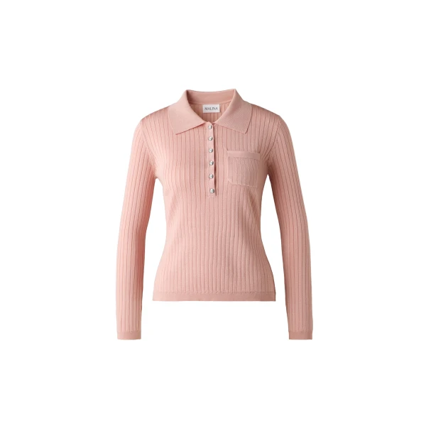 By Malina Nanna Sheer Ribbed Knitted Polo Shirt in Soft Pink | Shirts | Coveti