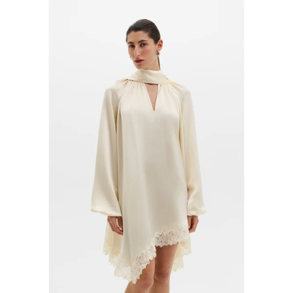 By Malina Norea Lace Hem Satin Mini Dress in Pearl | Mini Dresses | Coveti