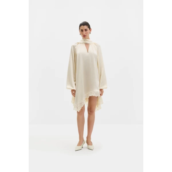 By Malina Norea Lace Hem Satin Mini Dress in Pearl | Mini Dresses | Coveti