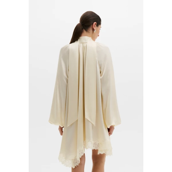 By Malina Norea Lace Hem Satin Mini Dress in Pearl | Mini Dresses | Coveti
