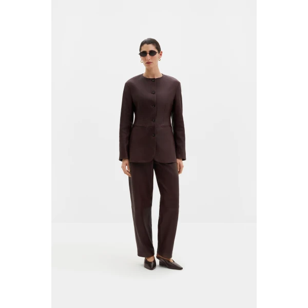 By Malina Paige Leather Trousers in Burgundy | Pants | Coveti