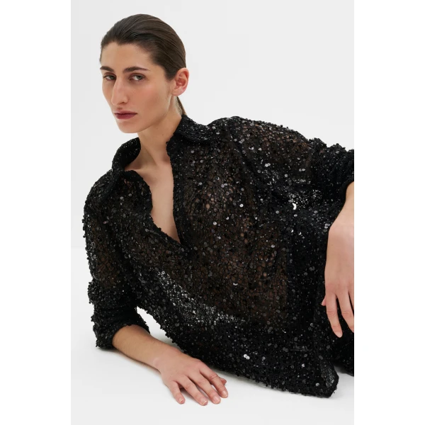 By Malina Philippa Embellished Lace Shirt in Black | Shirts | Coveti