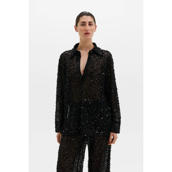 By Malina Philippa Embellished Lace Shirt in Black | Shirts | Coveti