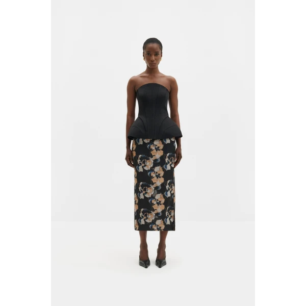 By Malina Sanna Midi Skirt in Dark Blooms | Midi Skirts | Coveti