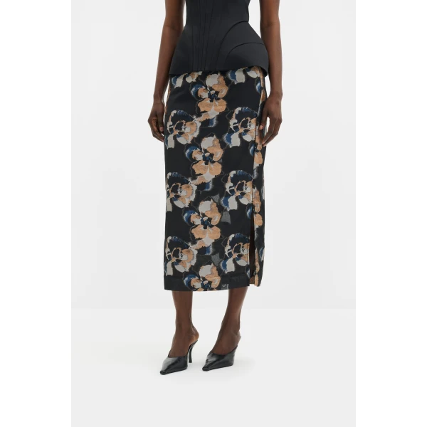 By Malina Sanna Midi Skirt in Dark Blooms | Midi Skirts | Coveti