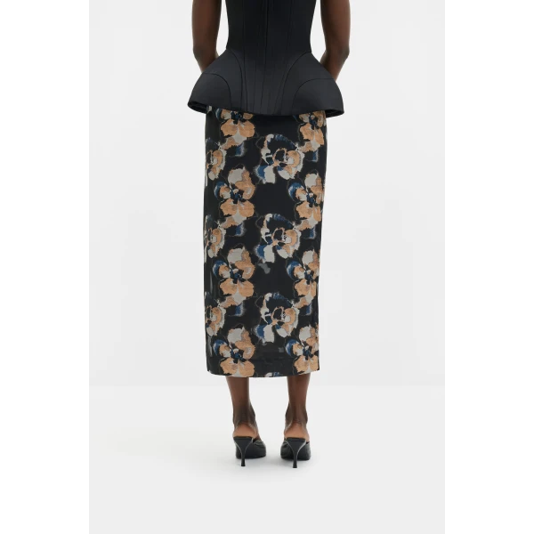 By Malina Sanna Midi Skirt in Dark Blooms | Midi Skirts | Coveti